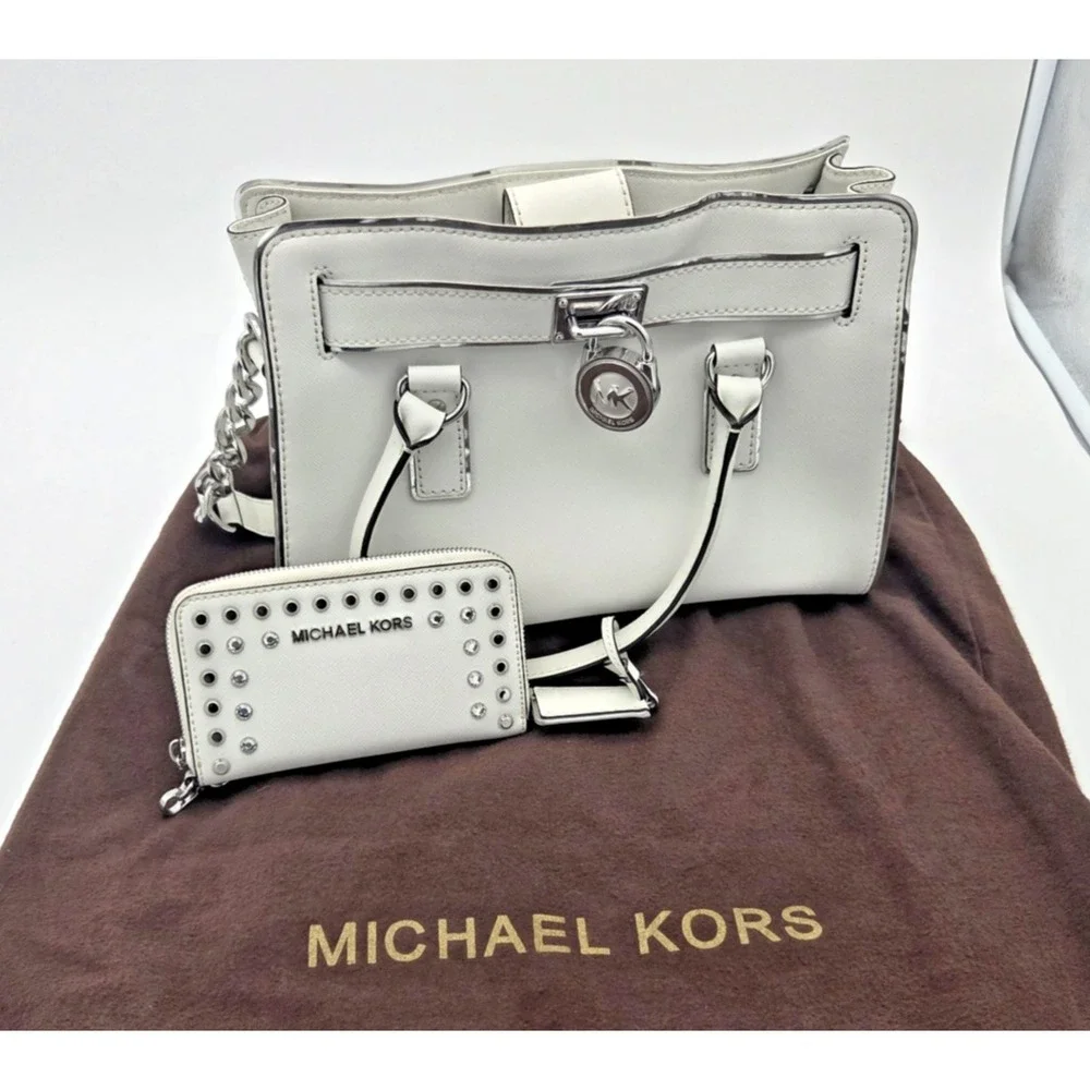 Michael Kors White Saffiano Leath Hamilton Purse Chain Lock W/ Rhinestone Wallet